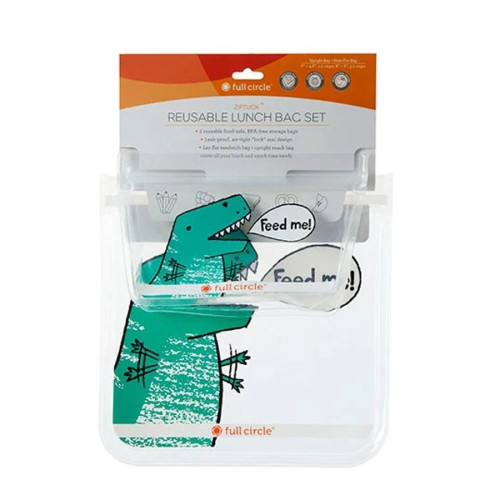 Full Circle Kids Dinos Reusable Ziptuck Lunch Bags 8 x 8, 7 x 4.6