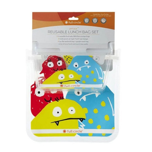 Full Circle Kids Monster Reusable Ziptuck Lunch Bags 8 x 8, 7 x 4.6