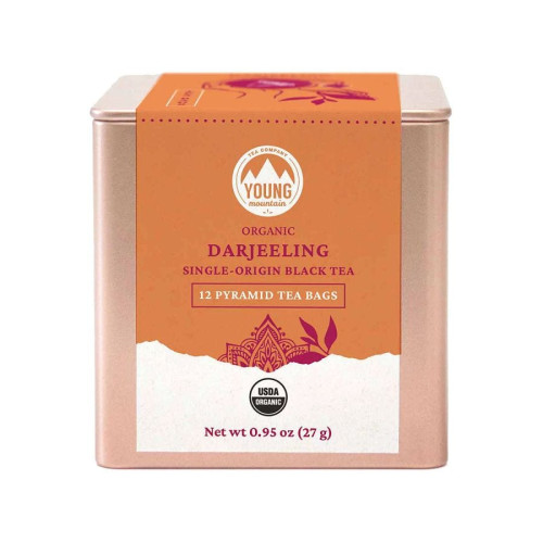 Young Mountain Tea Organic Darjeeling 12 pyramid tea bags in tin