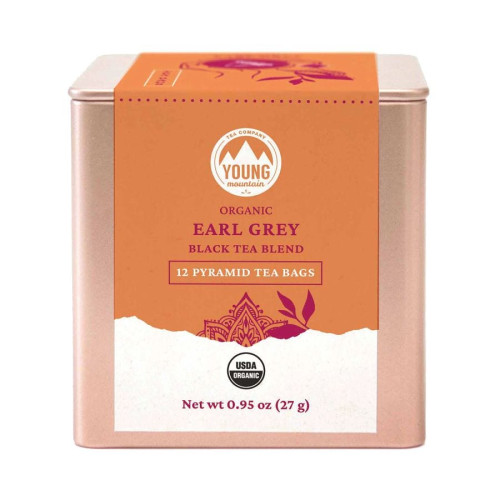 Young Mountain Tea Organic Earl Grey 12 pyramid tea bags in tin