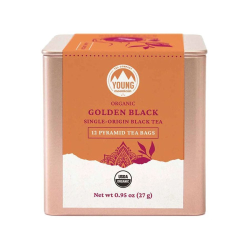 Young Mountain Tea Organic Golden Black 12 pyramid tea bags in tin