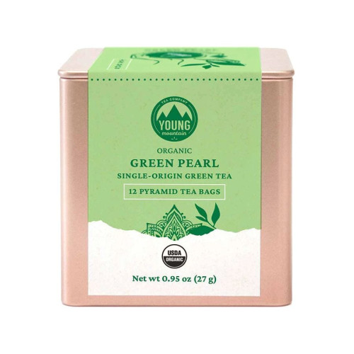 Young Mountain Tea Organic Green Pearls 12 pyramid tea bags in tin